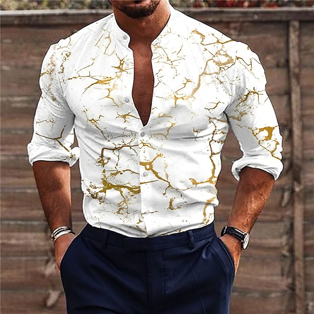  Men's Shirt Graphic Shirt Crack Stand Collar Beige 3D Print Outdoor Street Long Sleeve Print Button-Down Clothing Apparel Fashion Designer Casual Breathable