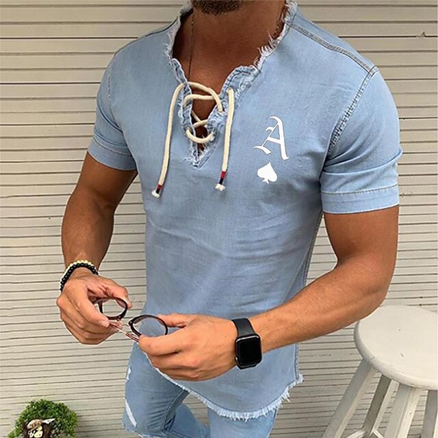 Mens Clothing Mens Shirts | Mens ShirtPrint Solid Colored Letter V Neck Casual Daily Drawstring Tassel Short Sleeve Tops Casual 