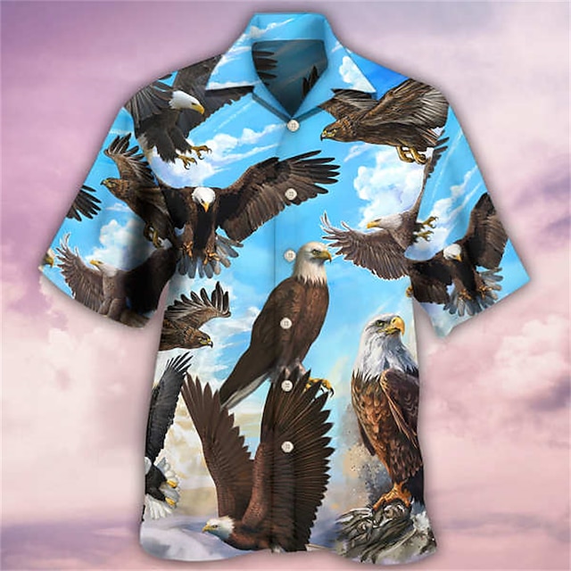 Mens Clothing Mens Shirts | Mens Shirt Eagle Turndown Street Casual 3D Button-Down Short Sleeve Tops Casual Fashion Comfortable 