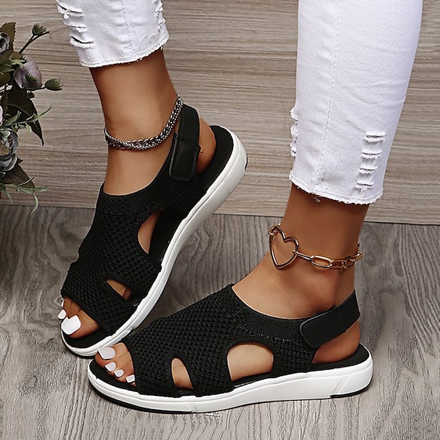  Women's Sandals Flyknit Shoes Dad Sandals Outdoor Daily Walking Summer Flat Heel Open Toe Sporty Casual Walking Shoes Tissage Volant Magic Tape Black