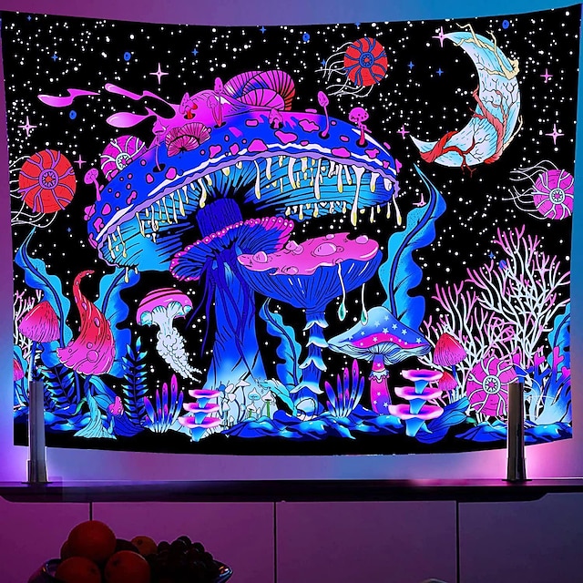 Home & Garden Home Decor | Blacklight UV Reactive The Underwater World Tapestry Fluorescence Psychedelic Mushroom Tapestry Black