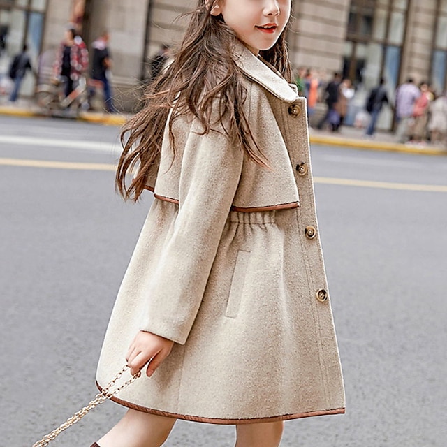 Baby & Kids Girls Clothing | Kids Girls Coat Long Sleeve Beige Plain Pocket Fall Winter Active Daily 3-13 Years - UC33586