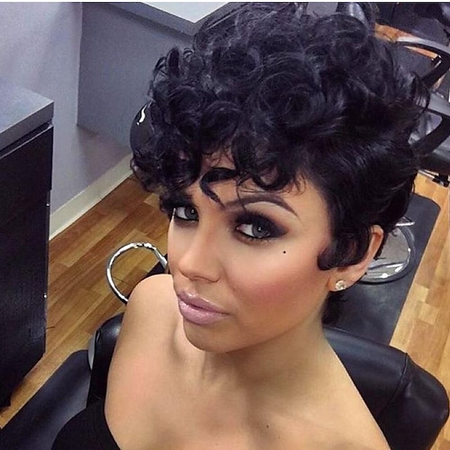 Beauty & Hair Wigs & Hair Pieces | 130% Pixie Cut Wig Natural Black Color Short Pixie Curly Human Hair Brazilian Remy Hair Full 