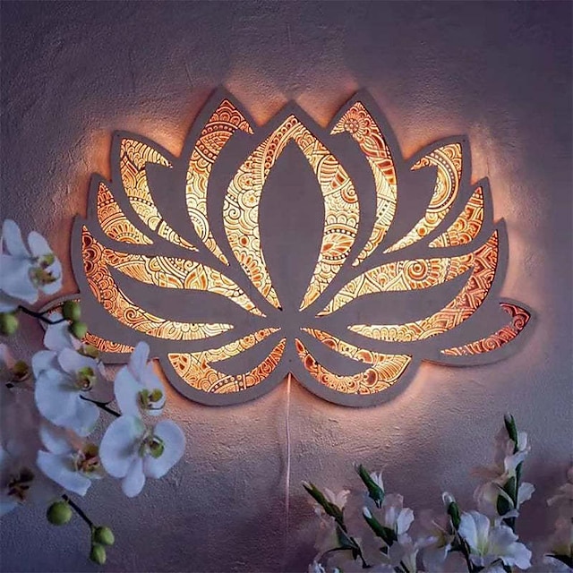  lotosový květ světlo mandala noční světlo vnitřní led teplé bílé laserem vyřezávané dřevo trojrozměrné led dekorativní nástěnné svítidlo