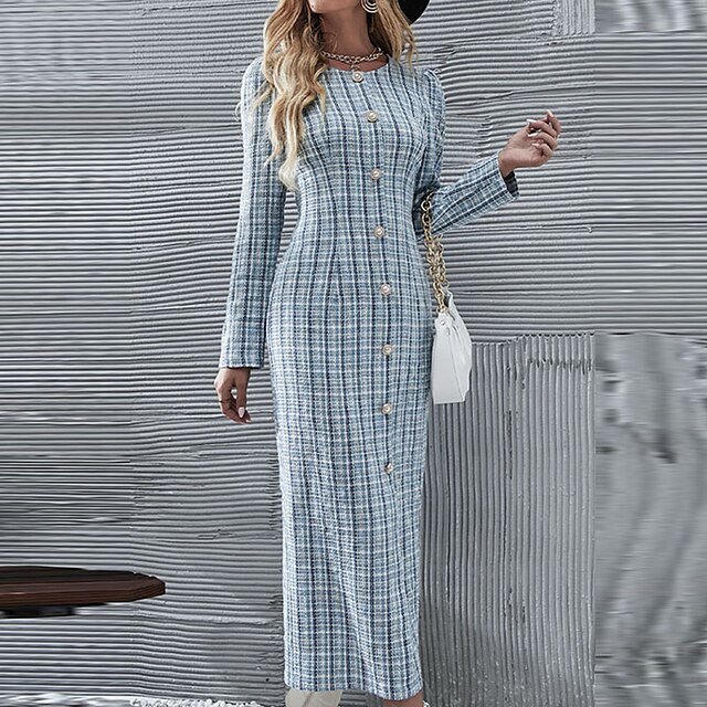  Femme Moulante Robe mi-longue Bleu clair Manches Longues Plaid Bouton Imprimer Printemps Eté Col Ras du Cou Travail Elégant 2022 S M L XL