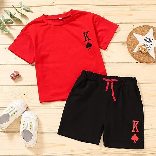 Baby & Kids Boys Clothing | Kids Boys T-shirt & Shorts 2 Pieces Short Sleeve White Red Letter Print Basic Cute Regular 2-8 Years