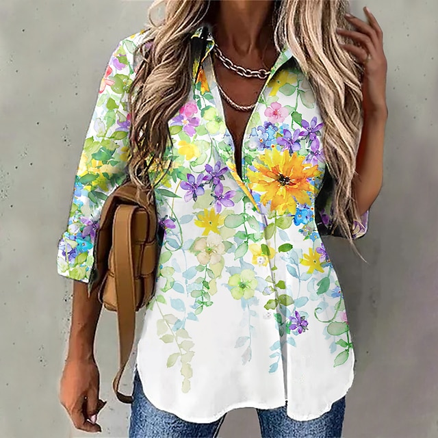  Women's Blouse Floral Holiday Weekend Floral Blouse Shirt Long Sleeve Button Print Shirt Collar Casual Streetwear Yellow S / 3D Print