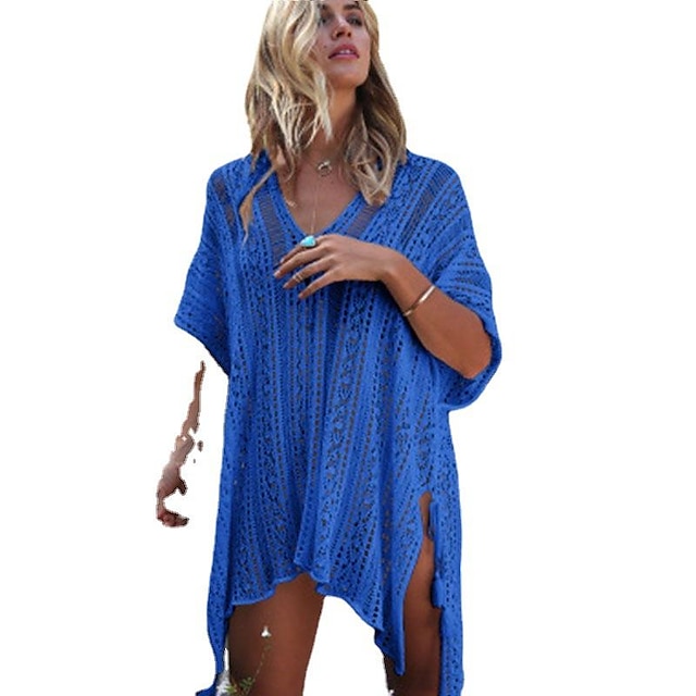 Beach Bikini Cover Up Blouse Loose Knitted Hollow Crochet Coat Women's ...