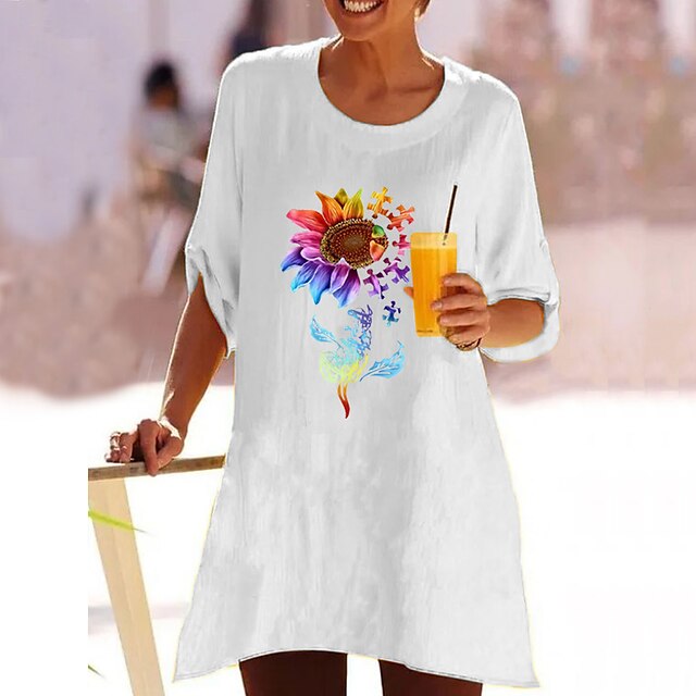  Women's T shirt Tee Sunflower Casual Holiday Weekend Floral Painting T shirt Tee Short Sleeve Print Round Neck Basic Essential White Gray Yellow S