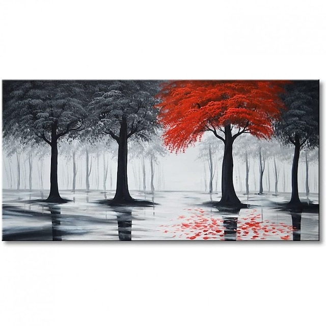  handgjord handmålad oljemålning väggkonst abstrakt svart och röd fläckig textur landskap träd heminredning dekor rullad duk utan ram osträckt