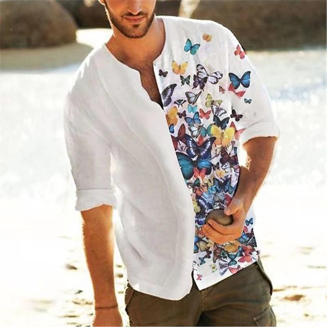 Mens Clothing Mens Shirts | Mens Shirt Graphic Butterfly V Neck Street Casual Button-Down Print Long Sleeve Tops Casual Fashion 