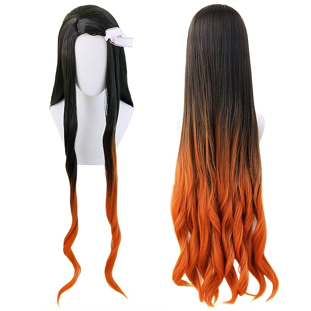 Damen-Nezuko-Cosplay-Perücke, langes schwarzes, orangefarbenes Wellenhaar mit Farbverlauf