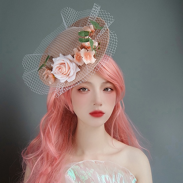  Flores de boda francesas, sombrero de copa de malla plana que combina con todo, foto de estudio de novia, sombrero británico retro para mujer