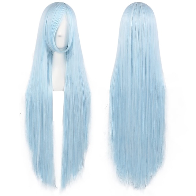 Peluca azul claro de 100cm para mujeres y niñas, peluca recta cosplay con flequillo, peluca de pelo sintético, disfraz para anime, fiesta de halloween
