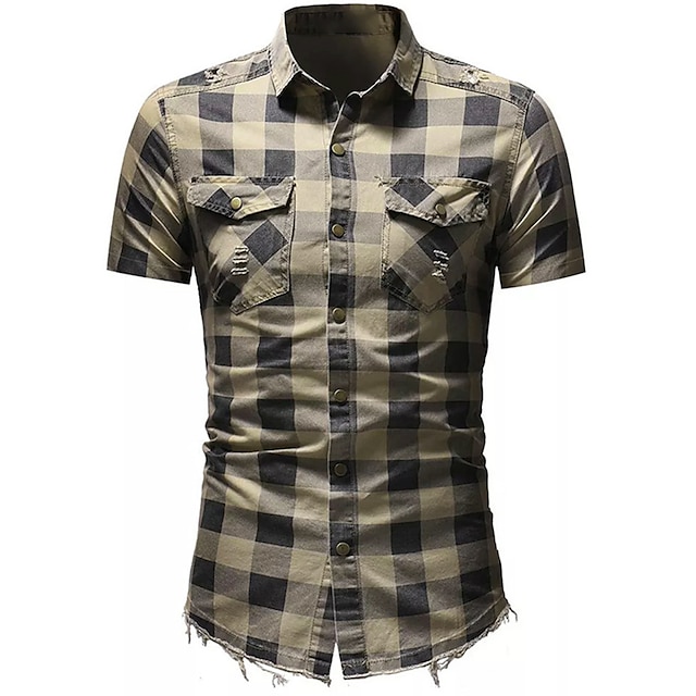 Mens Clothing Mens Shirts | Mens Shirt Plaid Turndown Street Casual Button-Down Short Sleeve Tops Casual Fashion Breathable Comf