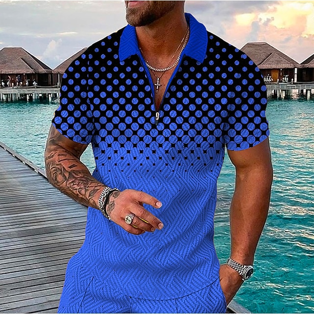 Men's Golf Shirt 3D Print Dot Geometry Turndown Going out golf shirts Zipper Short Sleeve Slim