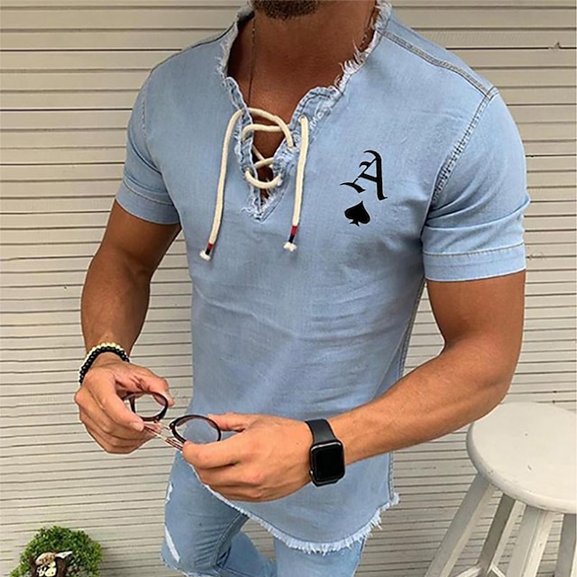  Men's  Shirt  Print Solid Colored Letter V Neck Casual Daily Drawstring Tassel Short Sleeve Tops Casual Cool Slim Fit Black / Gray Navy Blue Light Blue