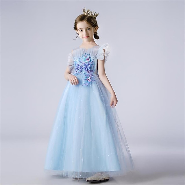 Infantil Para Meninas Vestido Cor Sólida Vestido De Tule Longo Vestido Festa Com Miçangas Sem Manga Estilo bonito Vestido 4-13 anos Primavera Azul Roxo Champanhe