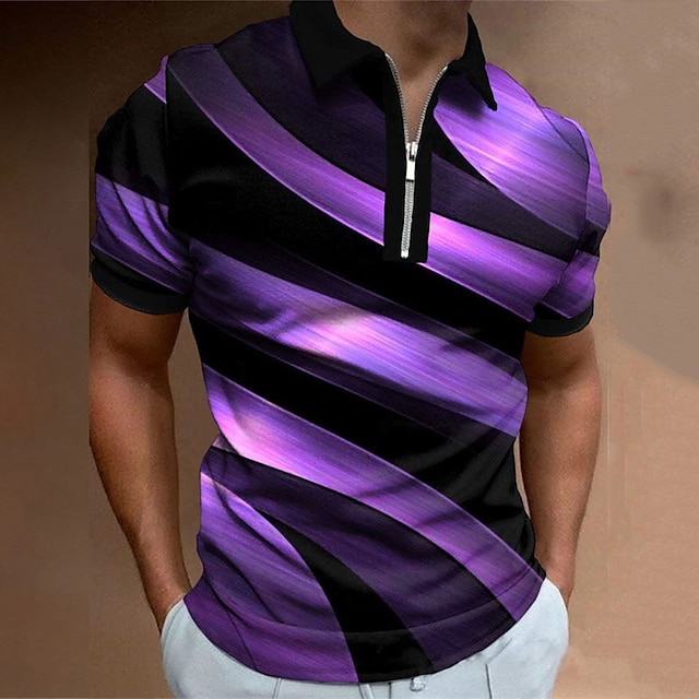  Men's Polo Shirt Golf Shirt Spiral Stripe Turndown Black Red Blue Light Purple Orange 3D Print Street Daily Short Sleeve Zipper 3D Clothing Apparel Fashion Casual Comfortable