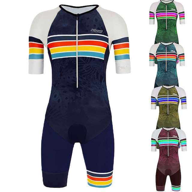  21Grams Men's Triathlon Tri Suit Short Sleeve Mountain Bike MTB Road Bike Cycling Green Red Blue White Leaf Stripes Geometic Bike Clothing Suit UV Resistant 3D Pad Breathable Quick Dry Sweat wicking