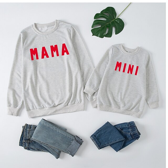 Baby & Kids Matching Outfits | Mommy and Me Sweatshirt Letter Street Print White Black Gray Long Sleeve Active Matching Outfits 