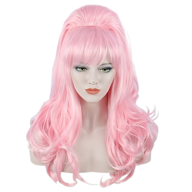  Long Wavy Pink Wig Big Bouffant Beehive Wigs for Women fits 50s 80s Carnival Wig