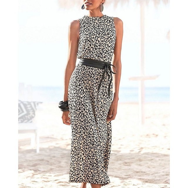 Womens Clothing Womens Dresses | Womens Sheath Dress Midi Dress Khaki Sleeveless Color Block Leopard Ruched Print Spring Summer 