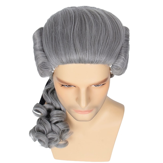 Hair Grey Colonial Wig Mens Powdered Wig for Cosplay Judge Lawyer Wig