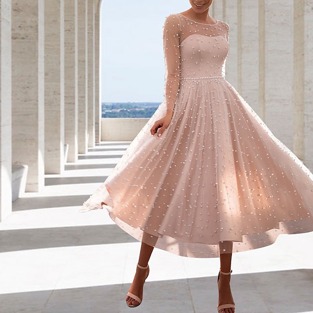  Δεξίωση Μικρά Άσπρα Φορέματα Φορεματα για γαμο Γραμμή Α Λαιμός ψευδαίσθησης Μακρυμάνικο Κάτω από το γόνατο Σατέν Νυφικά φορέματα Με Λεπτομέρεια με πέρλα Χάντρες 2024