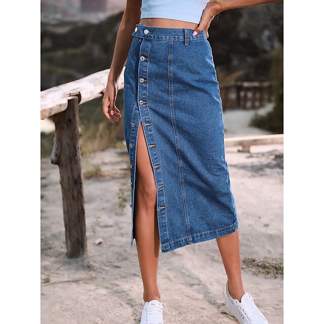 Womens Clothing Womens Bottoms | Womens Fashion Skirts Office / Career Casual Daily Denim Solid Colored Split Blue Dusty Blue Li