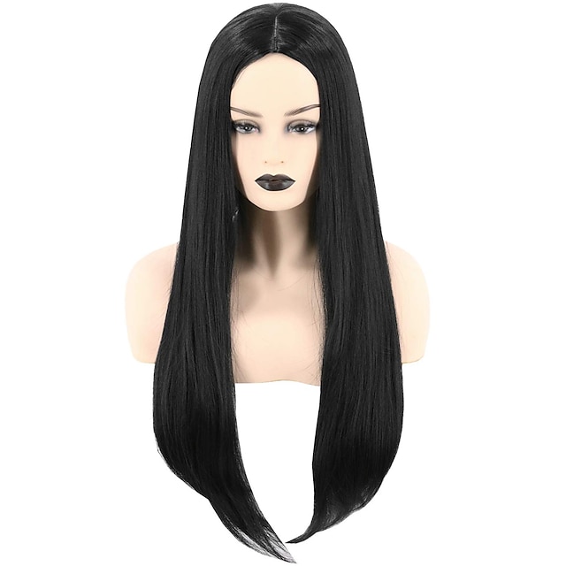  Addams Erwachsene Topcosplay Damenperücken schwarz lang gerade Mittelteil 28 Zoll Cosplay Haarersatzperücken