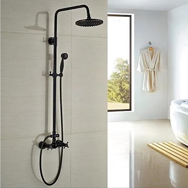 Shower Faucet,Copper Shower System Set Rainfall Antique Oil-rubbed Bronze Two Handles Three Holes Bath Shower Mixer Taps with Hot and Cold Switch and Ceramic Valve