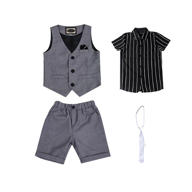 Baby & Kids Boys Clothing | Kids Boys Suit & Blazer Clothing Set 4 Pieces Short Sleeve White Black Gray Solid Color Ruched Bow P