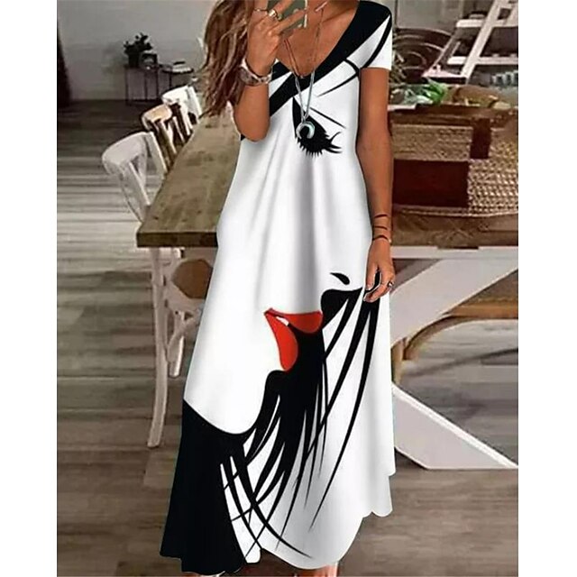  Women's Maxi long Dress Casual Dress Shift Dress White Short Sleeve Pocket Print Abstract V Neck Spring Summer Vacation Elegant Casual 2022 S M L XL XXL 3XL