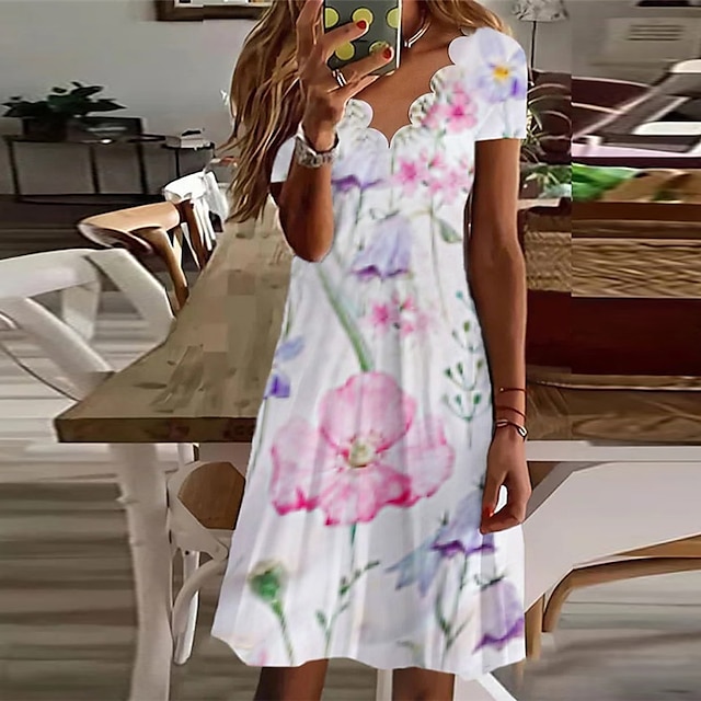  Women's Shift Dress Knee Length Dress White Short Sleeve Floral Print Spring Summer V Neck Casual Vacation 2022 S M L XL XXL 3XL