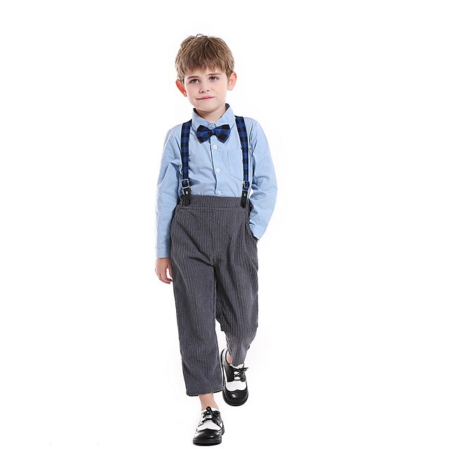 Baby & Kids Boys Clothing | Kids Boys Shirt & Pants Clothing Set 2 Pieces Long Sleeve White Blue Light Blue Plaid Bow Street Out