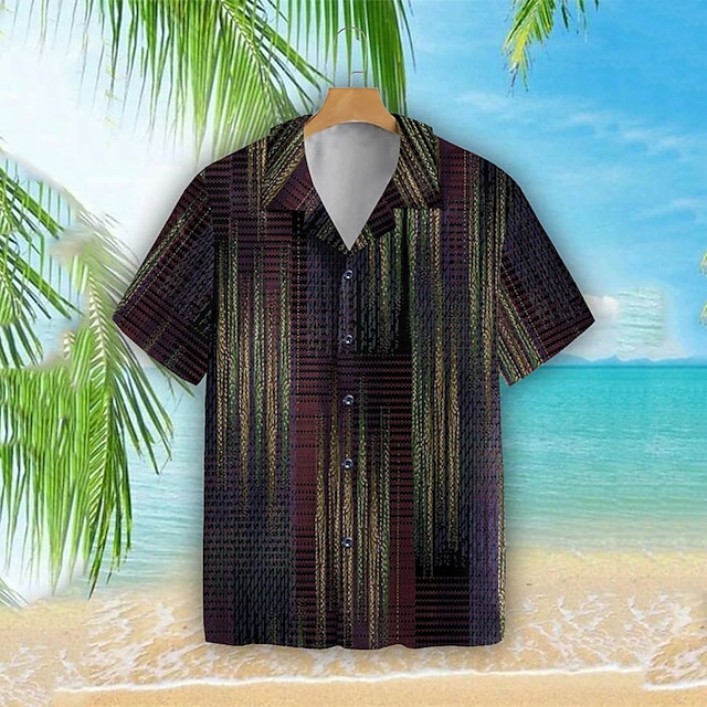  Men's Shirt Striped Turndown Street Casual 3D Button-Down Short Sleeve Tops Casual Fashion Comfortable Beach Black