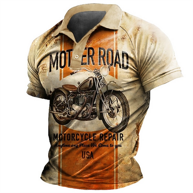 Men's Polo Shirt Golf Shirt Motorcycle Turndown Khaki 3D Print Casual ...