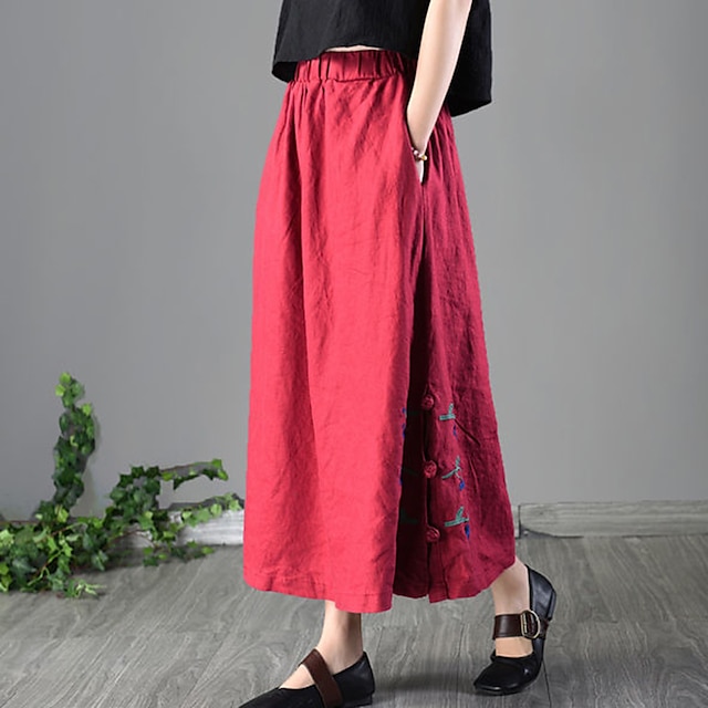 Womens Clothing Womens Bottoms | Womens Fashion Long Skirts Vacation Casual / Daily Linen Floral / Botanical Embroidered Black R