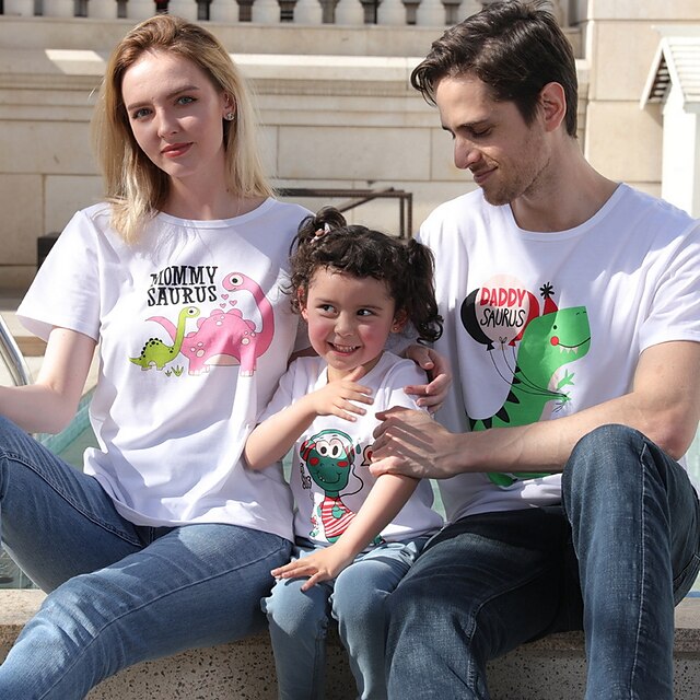  Family T shirt Family Sets Cotton Cartoon Letter Dinosaur Street Print White Short Sleeve Mommy And Me Outfits Active Matching Outfits