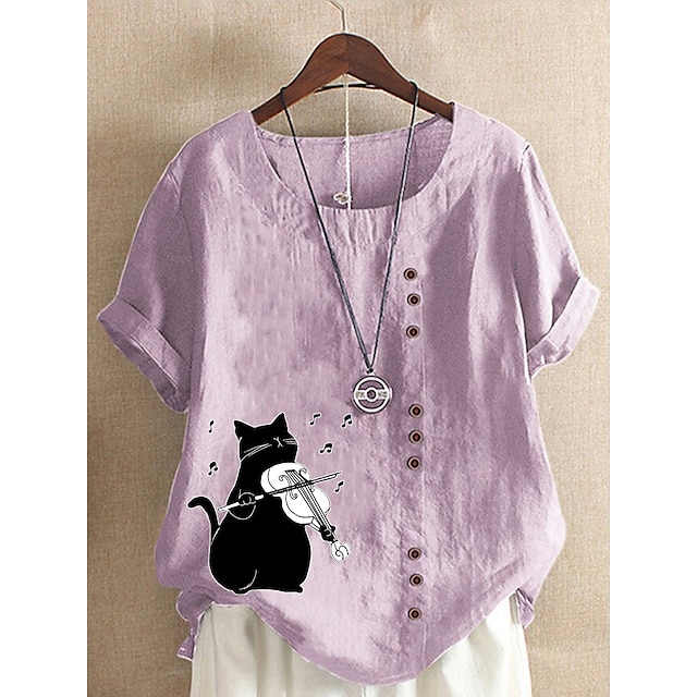 Women's Blouse Shirt Green Blue Purple Animal Button Print Short Sleeve Daily Holiday Round Neck Regular Loose Fit S