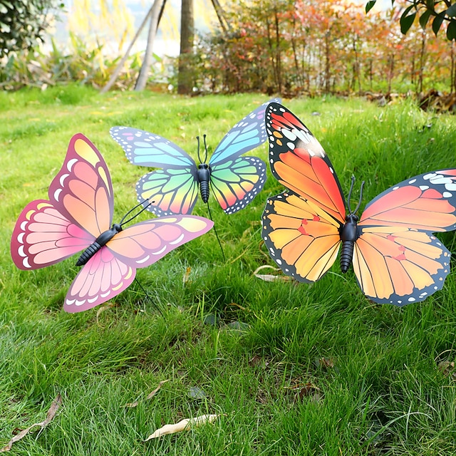  3 stykker 3d kunstig sommerfugl til hagedekorasjoner falsk simulering sommerfugl staker hage plante plen dekor utendørs kunst ornamenter