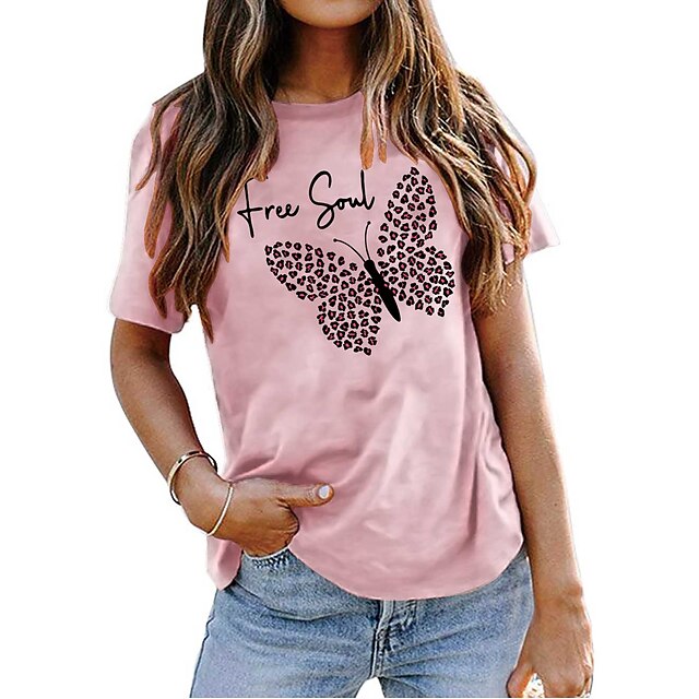 Women‘s T shirt Tee Basic Print Butterfly Basic Round Neck T-shirt Sleeve Stard Summer pea green White Pink Dark Pink Dark Green