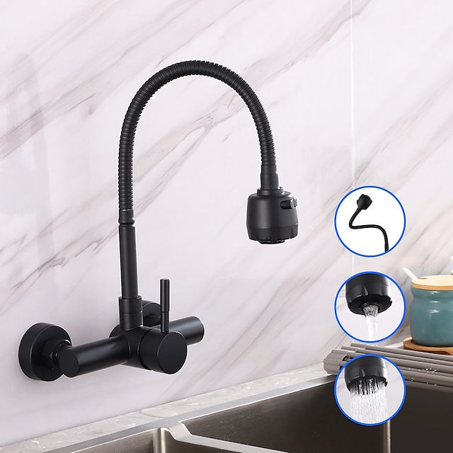 Wall Mount Kitchen Sink Mixer Faucet with Sprayer Kitchen Faucet Stainless Steel Pot Filler Taps, 360 Swivel Polished Black/Chrome Single Handle Mixer Vessel Tap