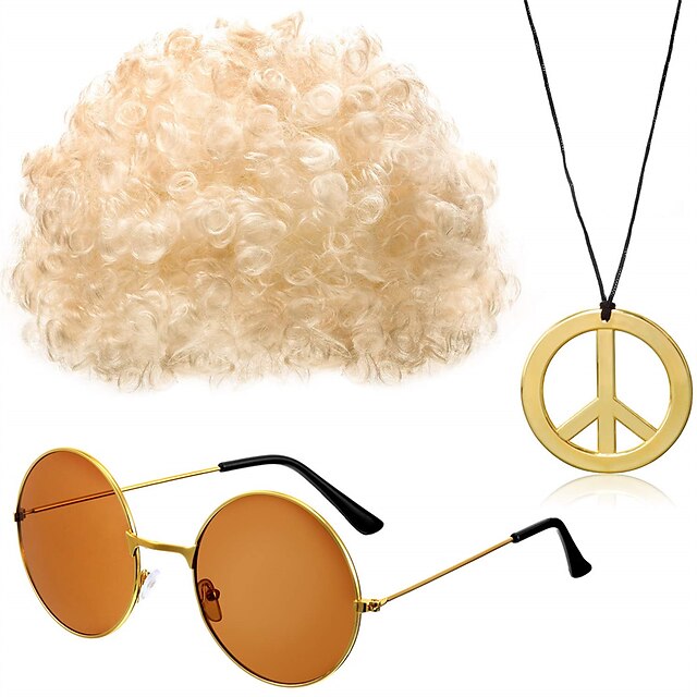 Beauty & Hair Wigs & Hair Pieces | Costume Set Funky Afro Wig Sunglasses Peace Sign Necklace for 50/60/70s Theme Party - FL00497