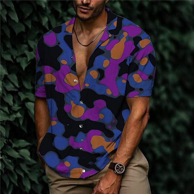  Men's Shirt Gradient Turndown Purple Short Sleeve 3D Print Outdoor Street Button-Down Print Tops Fashion Designer Casual Breathable / Summer / Spring / Summer