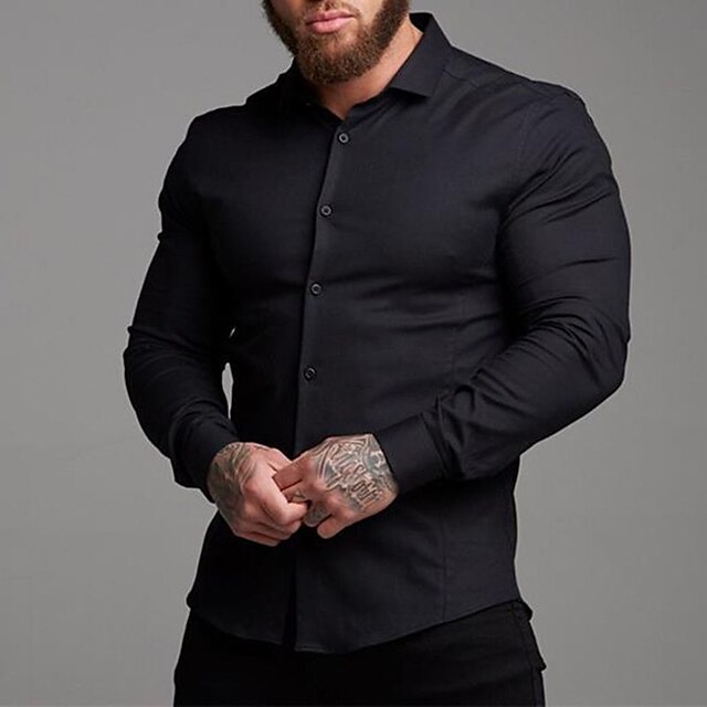 Mens Clothing Mens Shirts | Mens Shirt Solid Color Turndown Street Casual Button-Down Long Sleeve Tops Business Casual Fashion B