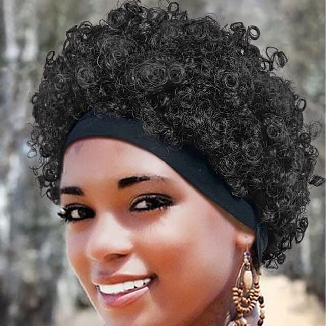 Beauty & Hair Wigs & Hair Pieces | Remy Human Hair Wig Kinky CurlyWith Headband Natural Black Adjustable Natural Hairline Gluele