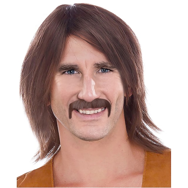 Brown Hippie Wig with Mustache Sonny Wig and Mustache Hippie Wigs for ...
