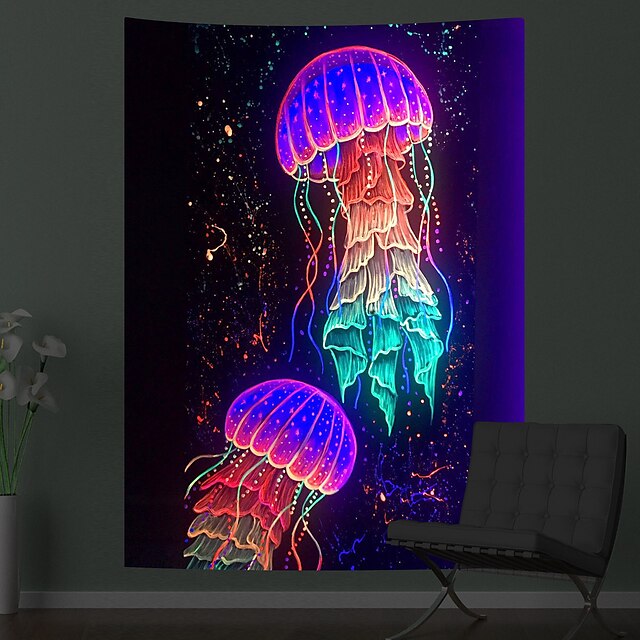 Home & Garden Home Decor | Fluorescent Tapestry Jellyfish Psychedelic Night Light Hanging Cloth Wall Hanging Live Broadcast Back